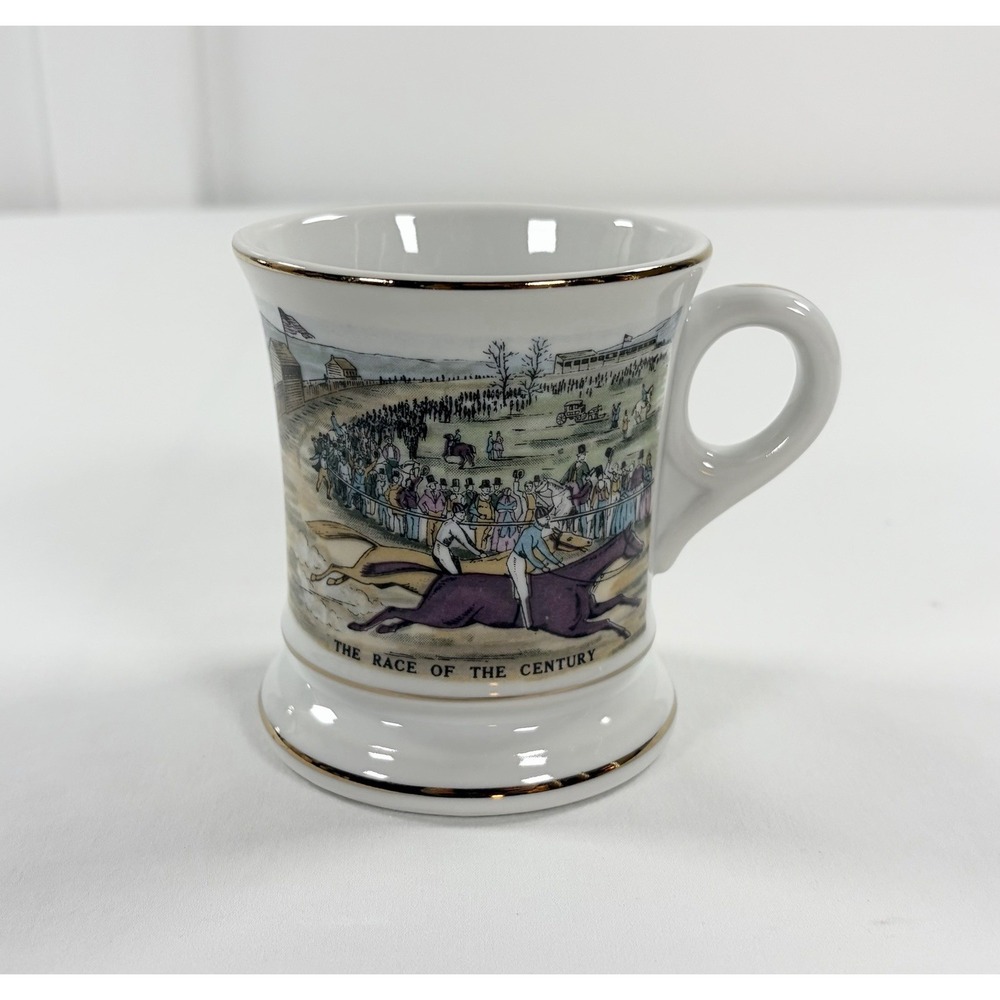 Vintage Currier Ives The Race of the Century Mustache Shaving Mug Horse Japan